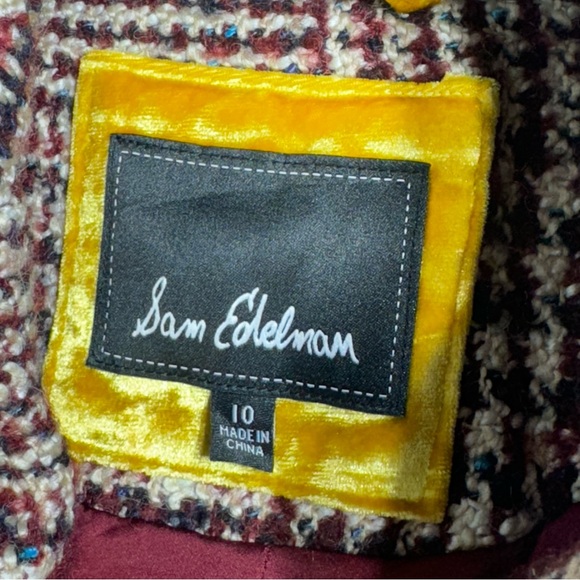 Sam Edelman Plaid Coat 10 Wool Blend Burgundy Notched Collar Button Luxury - Picture 9 of 12